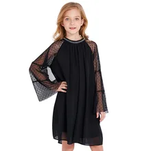 Нарядное черное шифоновое платье с расклешенными рукавами и блестками для девочек Новинка года, элегантная одежда для девочек-подростков для детей возрастом 8, 10, 11, 12, 13, 14 лет