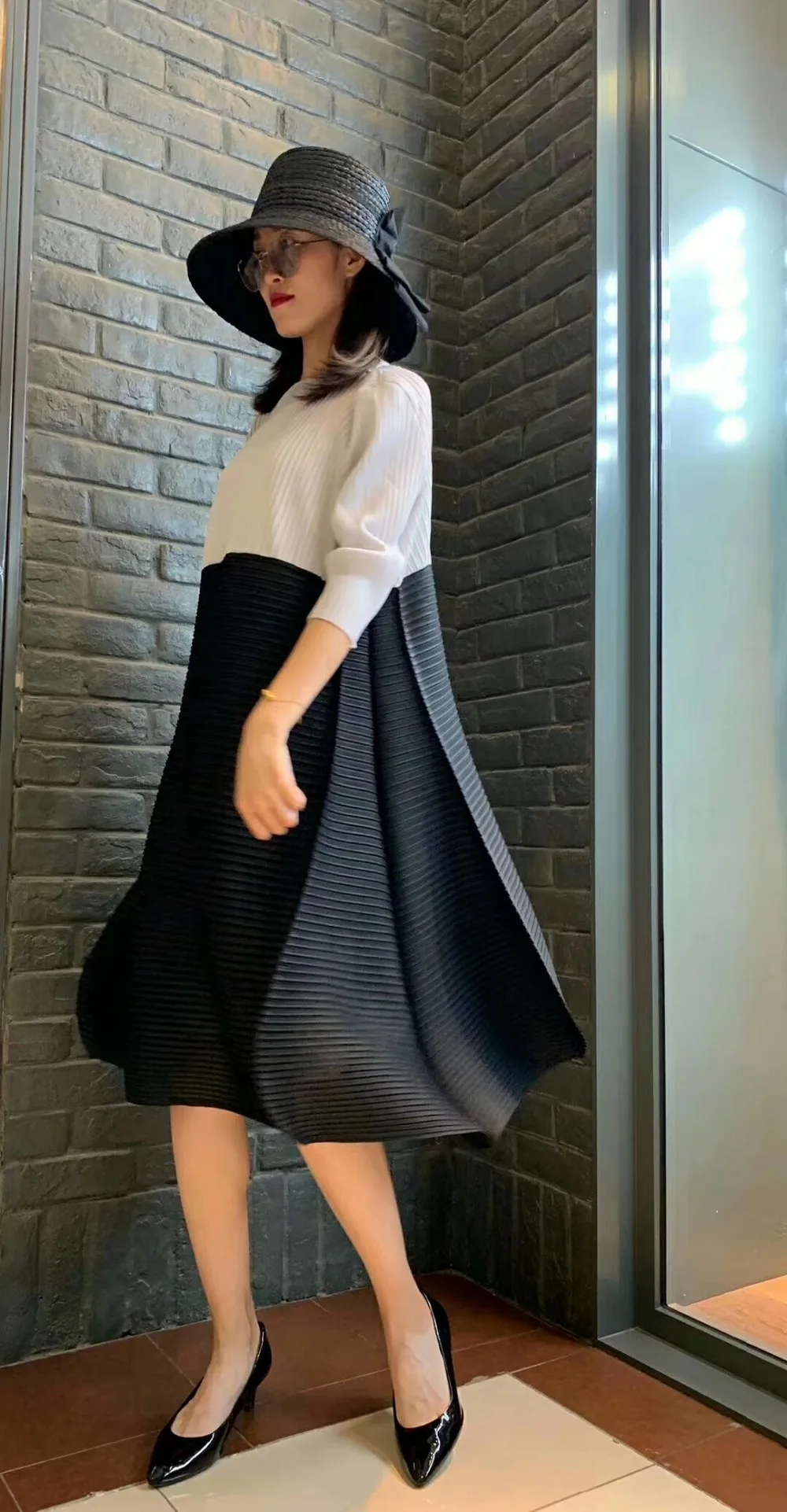 Горячая Miyake fold в женское леопардовое платье с круглым вырезом три четверти рукав бутон платье