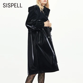 

SISPELL Lace Up Drawstring For Female PU Leather Coat V Neck Long Sleeve With Hat High Waist Ruched Women's Casual Coats 2020