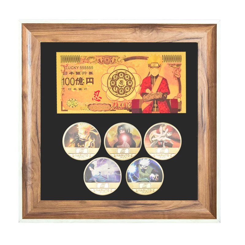 5PCS Gold Coins Set Banknote with Wood Frame Case Japanese Challenge Coins Dragon Ball Anime Coins Collectibles Giift for Men