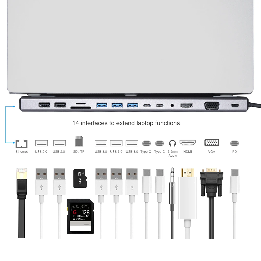 DeepFox Type C Hub USB to Dual HDMI-compatible VGA Lan 3.0 Ports SD/TF Card Reader USB-C For MacBook Pro |