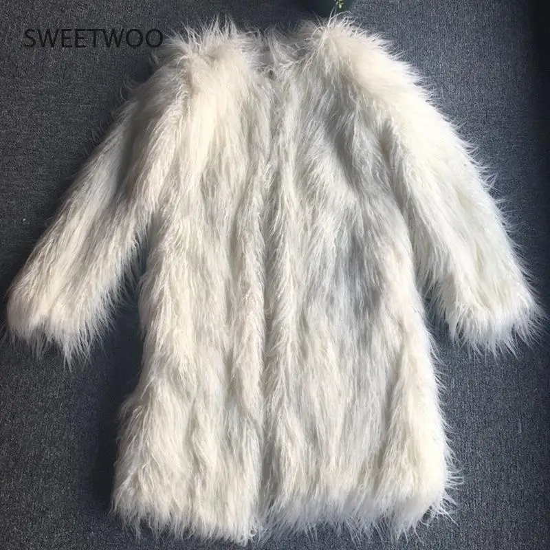 Long Pink Furry Faux Fur Coat Women White Thick Warm Coat Outerwear Autumn Winter Fluffy Shaggy Coat Jacket Overcoat