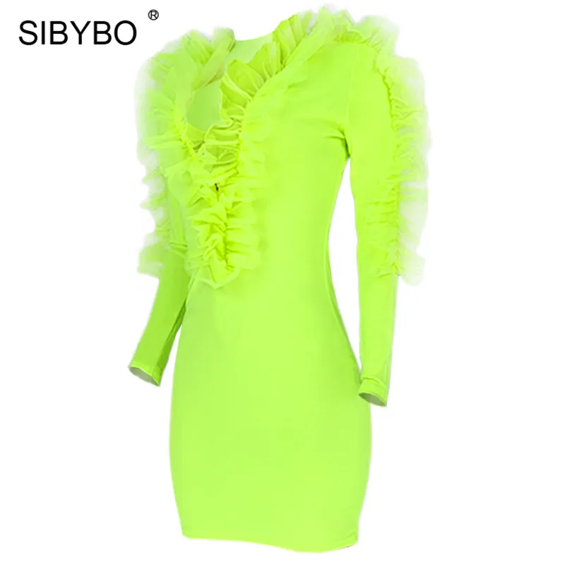 SIBYBO Ruffles Mesh Spliced Sexy Bodycon Dress Long Sleeve Mini Autumn Dress Women V-Neck Leopard Print Elegant Party Dress