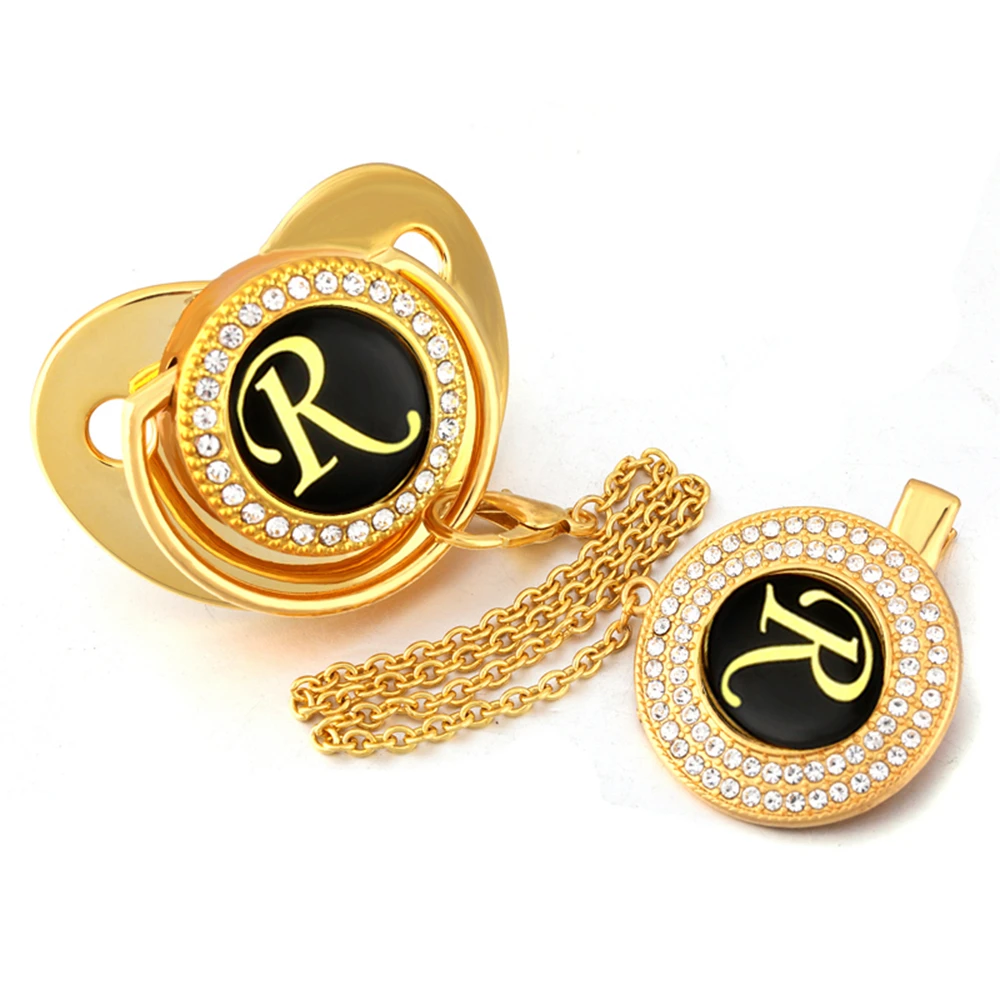 

Name Initial Letter R Bling Pacifier and Pacifier Clip Luxury Rhinestone Pacifier Holder BPA free Dummy Soother