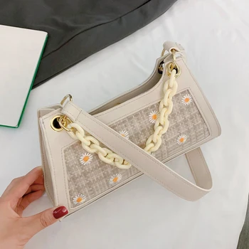 

Classic Texture Flower Daisy Women Handbag Creative Design Chic Female PU Straw Splicing Underarm Shoulder Tote Bags