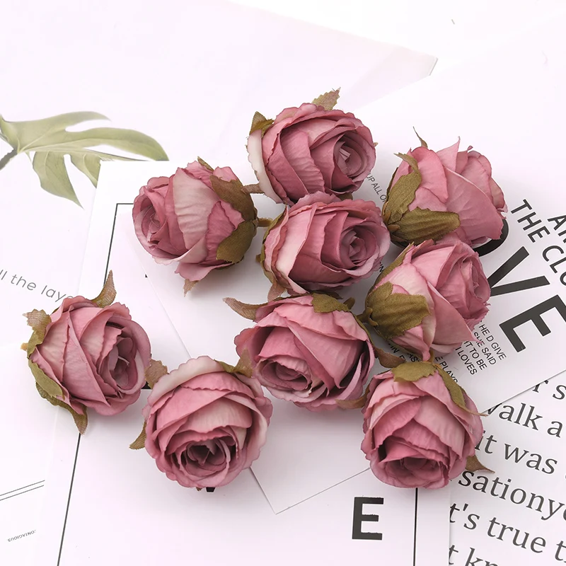 5pcs/4cm Autumn colors Rose bud Artificial Silk Flower Heads Wedding Decoration DIY Wreath Scrapbooking Craft Fake Flowers