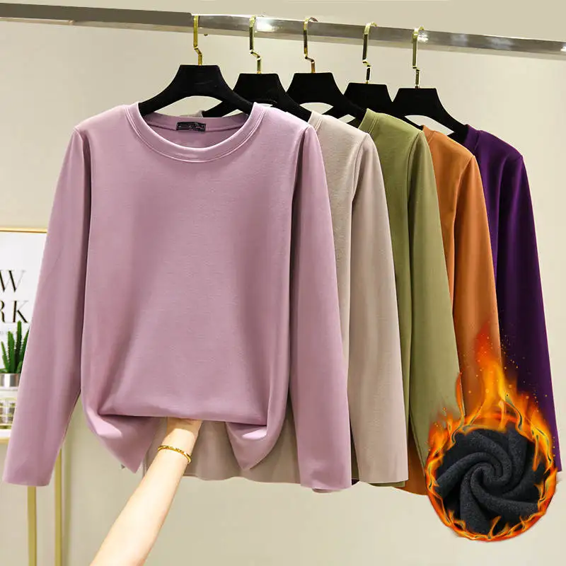 

Warm Bottoming Shirt Women Autumn Winter All-Match Casual Cotton T Shirt Women Large Size O-Neck Plus Velvet Padded Tops C7475