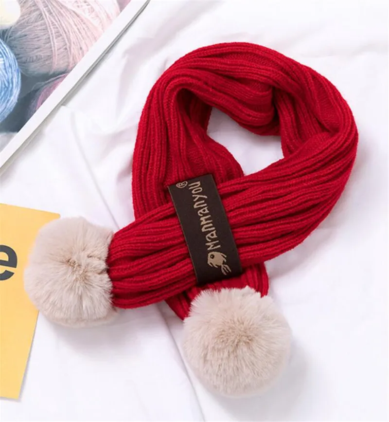 Red Scarf Kids Winter Warm Hat And Scarf Child Ribbed Knitted Pom Pom Cap Scarves 2 Piece Set Baby Girl Boys Accessories 6-36 month - Цвет: Red Scarf