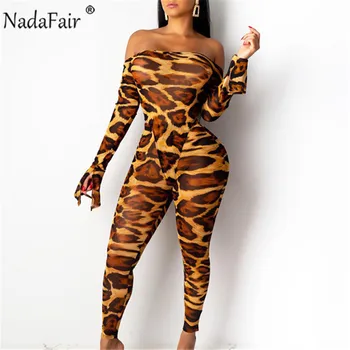 

Nadafair Autumn Winter Long Sleeve Leopard Jumpsuit Womens Rompers Off Shoulder Bodycon Sexy Jumpsuit Woman Overalls