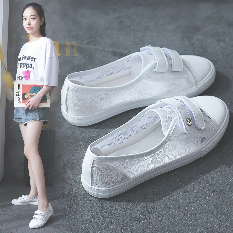 

2019 Summer New Style Low-Cut Lace Breathable White Shoes Women's Korean-style Velcro Mesh Students Flat Canvas Shoes