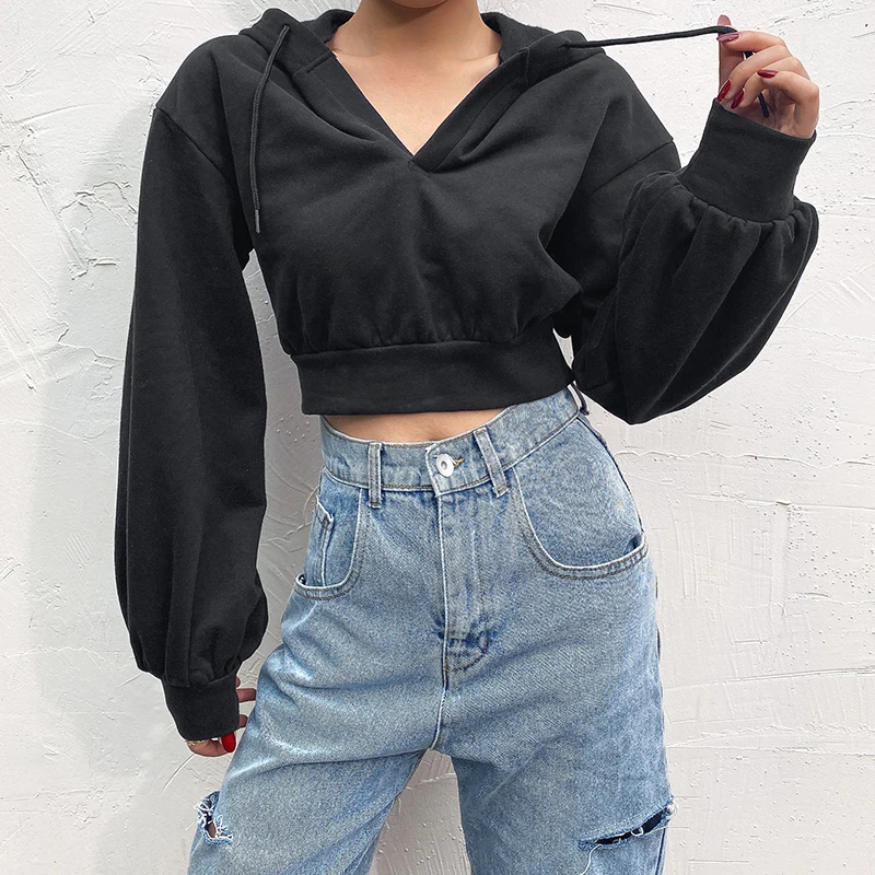 IAMSURE 2020 Autumn Solid Black Basic Sweatshirts For Women Casual Long Sleeve Female Cropped Hoodies Korean Streetwear Outfits
