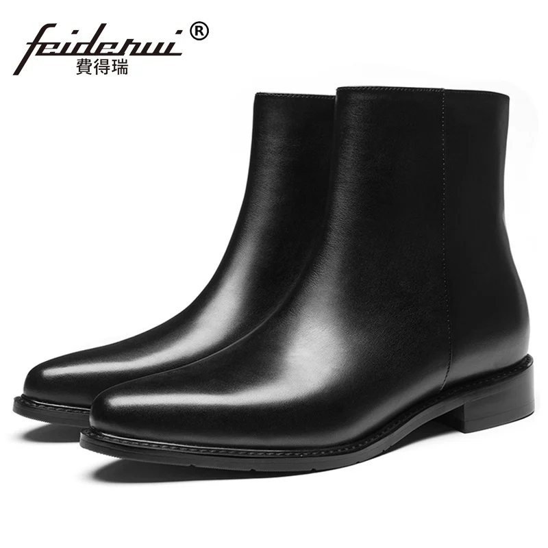Winter Style Genuine Leather Man Formal Dress Riding Shoes Pointed Toe Zip Men's Handmade Snow Ankle Boots For Gentleman SS731