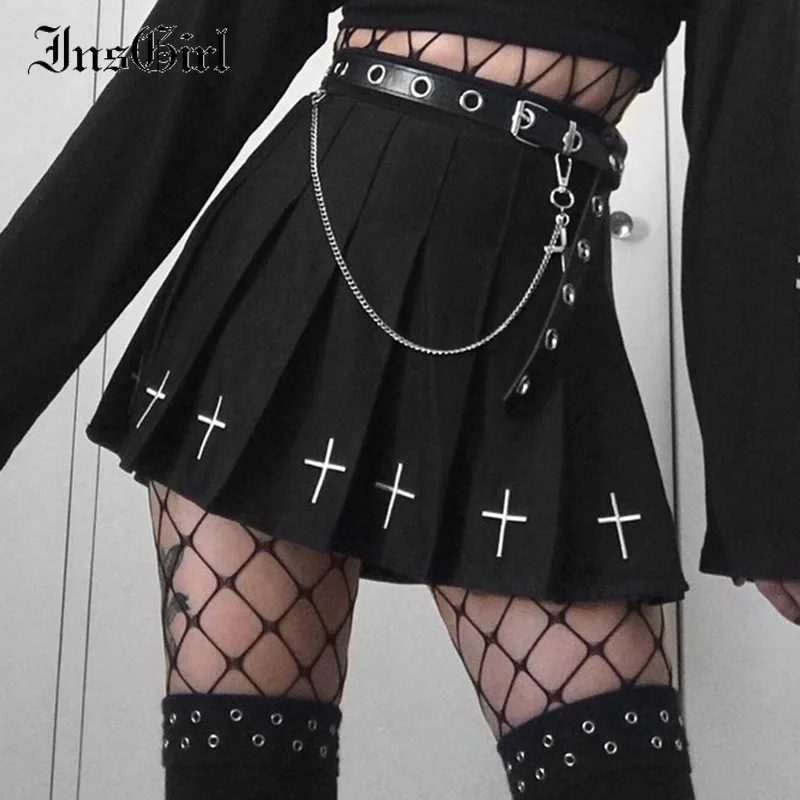 InsGirl-Falda estilo Harajuku Punk para mujer, minifalda plisada de cintura alta, negra oscura, gótica, Y2k, e-girl