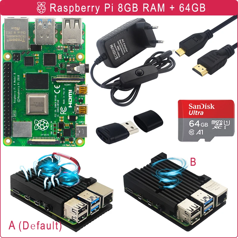 Switch Power-Adapter Raspberry Pi Aluminum-Case Pi 4b HD for Video-Cable 4-Model-B-Kit