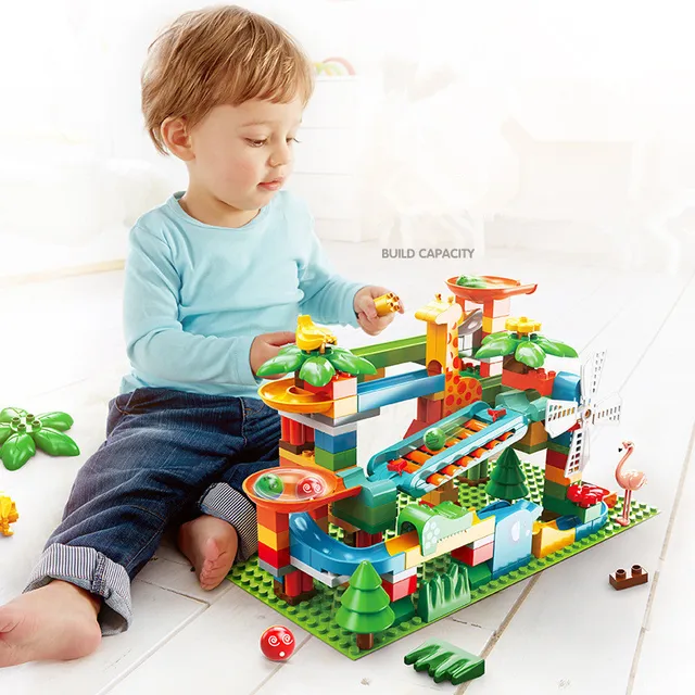 Marble Race Running Ball Maze Track Piano Slide Catapult Dinnosaur Spring Funnel Building Block Compatible Large Cube Parts Toys 3