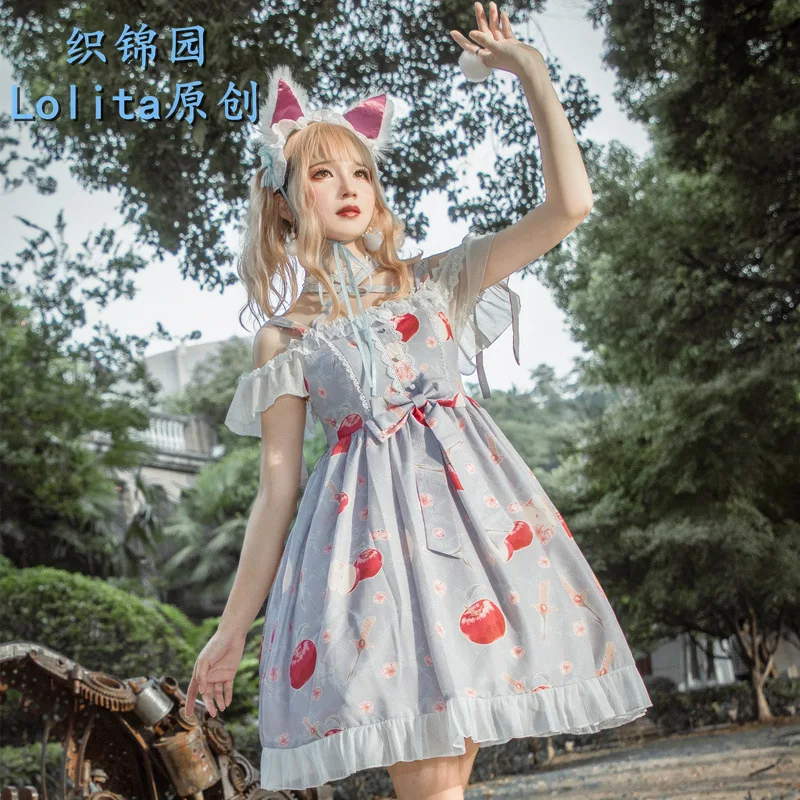 Knife and Apple Sweet Women's Lolita JSK Dress Suspender Sleeveless Halter Fit Lady Summer One Piece Pink Black | Женская одежда