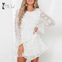 NLW, женское платье, Осень-зима, модное, белое, с вышивкой, на шнуровке, короткое платье, повседневное, элегантное, с оборками, мини платье, с длинным рукавом, vestidos