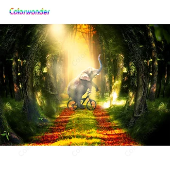 

Photography Magic Forest Grey Elephant Riding Bike on the Floral Road Green Trees Decorations Fall Background Photocall Backdrop