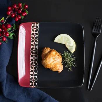 

Retro Black Red Square Round Ceramic Plate Brief Porcelain Tableware Steak Salad Dish Tray Household Dinner Plate Snack Plate