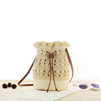 

New Women Bag Lovely Straw Handmade Bucket For Lady Fashion Travel Beach Messenger Shoulder Bag Knitting Crossbody Bag