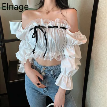 

Elnage Palace Style Sexy Strapless Lace Stitching Short Shirts Lantern Long Sleeve Blouse Loose Women Summer Tops Clothing 5A476