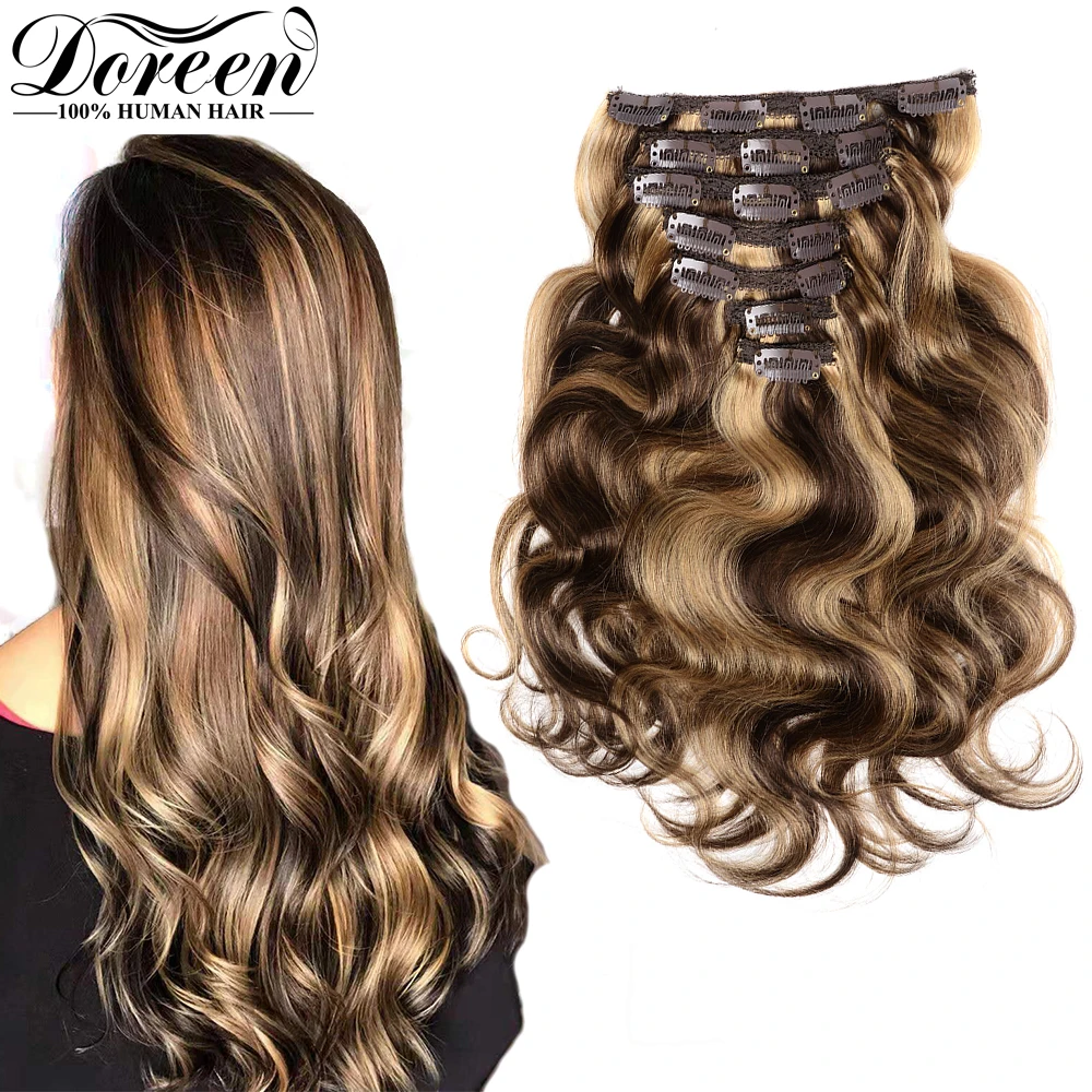 Doreen 240g 10Pcs  Natural Human Hair Clip in Extensions Machine Remy Brazilian Hair Caramel Brown Color Body Wave Clip Ins
