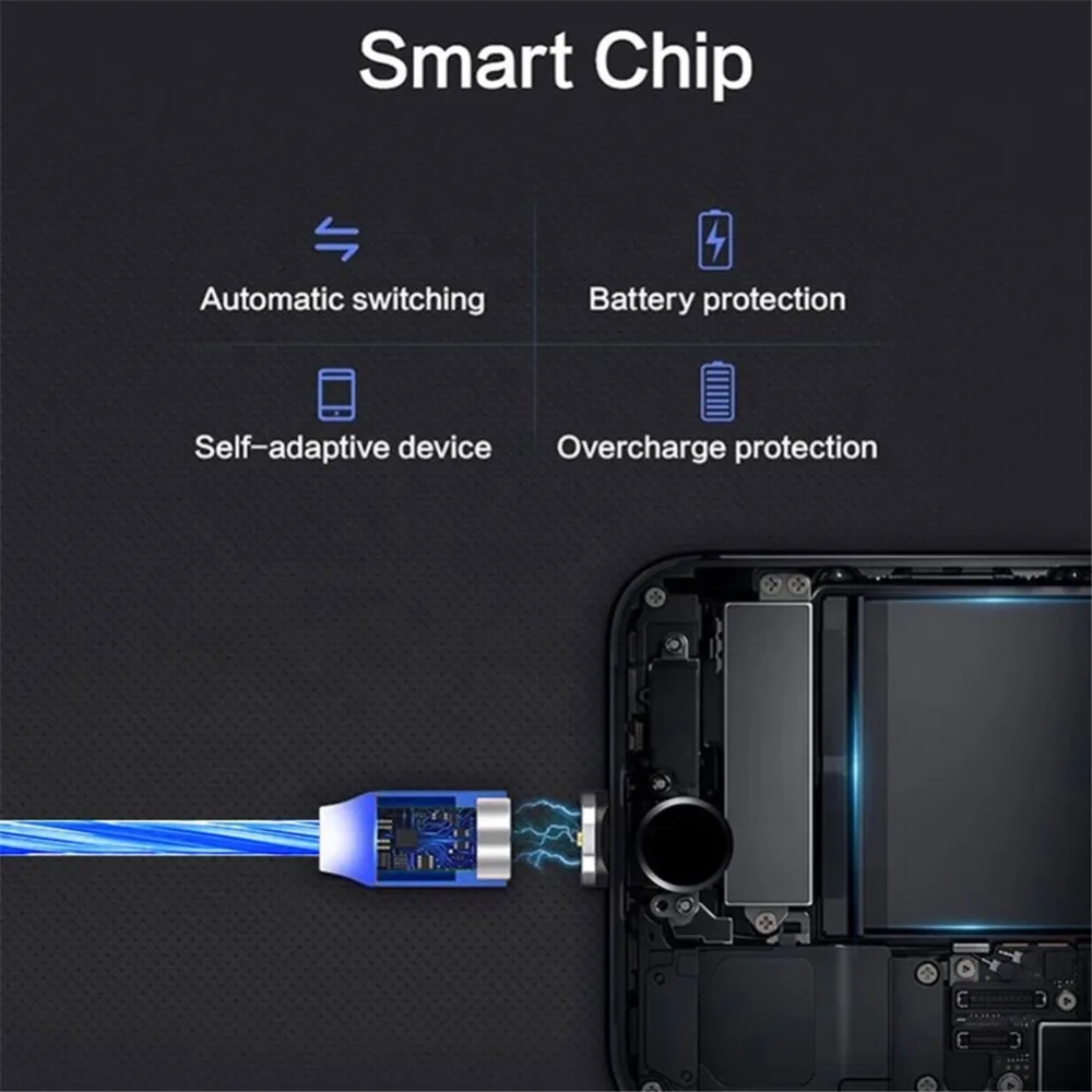 Streamer Magnetic Absorption Cable,Magnetic LED Micro USB Cable Charging For iPhone Samsung S10 1M Magnet Charger Type C Cables (10)
