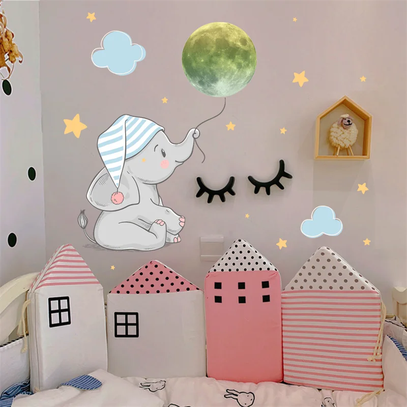 Baby Elephant Moon Luminous Wall Sticker For Children's Kids Bedroom Decorative Glow In The Dark Cartoon Panda Decals Home Decor