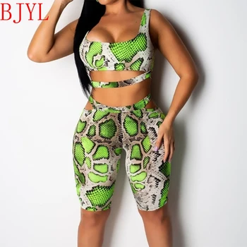 

BJYL Snake Print Sexy Women 2 Piece Set Crop Top And Shorts Matching Sets Club Wear Outfits Summer Tank Top And Leggings Shorts