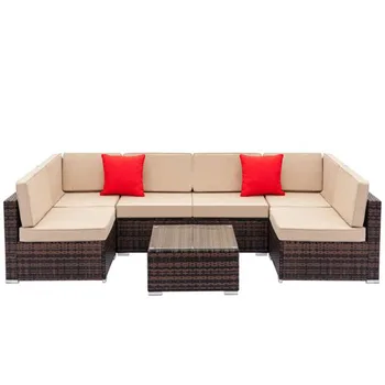

Fully Equipped Weaving Rattan Sofa Set with 2pcs Corner Sofas & 4pcs Single Sofas & 1 pcs Coffee Table Black Embossed - Woven Ra