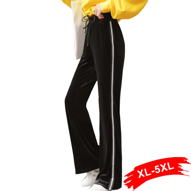 

Plus Size Streetwear Side Stripe Wide Leg Velvet Pants 3XL 4XL 5XL Autumn Spring High Elastic Waist Flare Pant Women Trousers