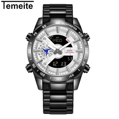 Новинка, модные мужские кварцевые часы, золотые, TEMEITE, нержавеющая сталь, мужские часы, большой циферблат, водонепроницаемые наручные часы для мужчин, Relogio Masculino - Цвет: black white