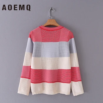 

AOEMQ Fashion Sweaters Warm Polyester Hallow Hole Breathable Winter Sweaters Patchwork Horizontal Stripes Women Clothing