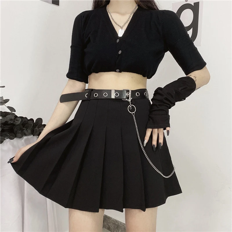 Las nuevas mujeres faldas gótico corta cintura alta herramientas cadena Sexy fajas Chic 2021 caliente estudiante negro Mini falda-Falda