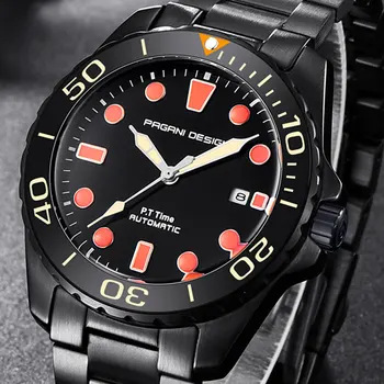 

Pagani design orange luminous pointer date men's watch black/white Stainless Steel strap men's automatic mechanical watch