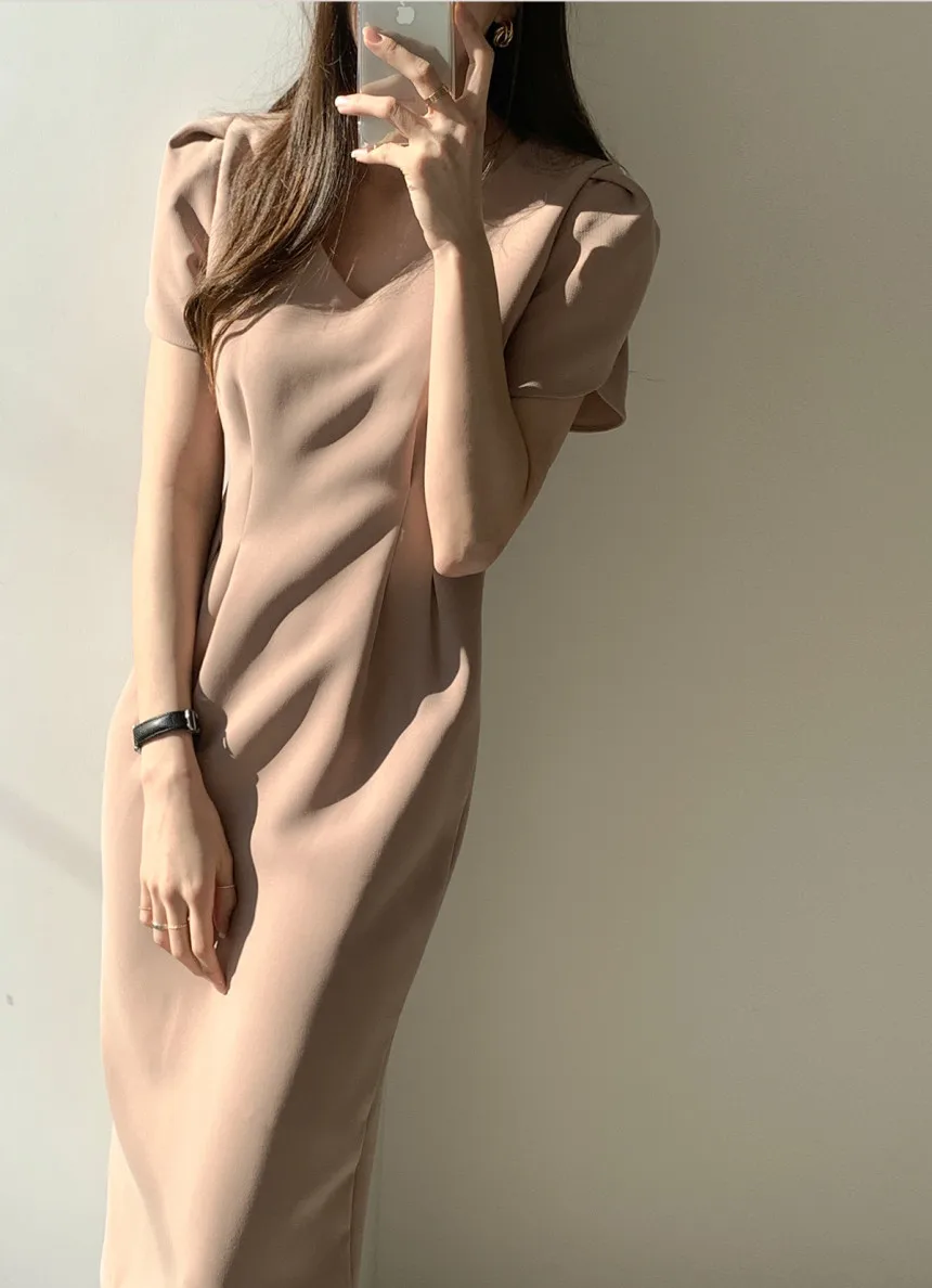 Woherb Korean Chic Women Dress Short Sleeve Casual V-Neck Elegant Office Lady Dresses 2020 New Slim Waist Robe Vestidos Mujer