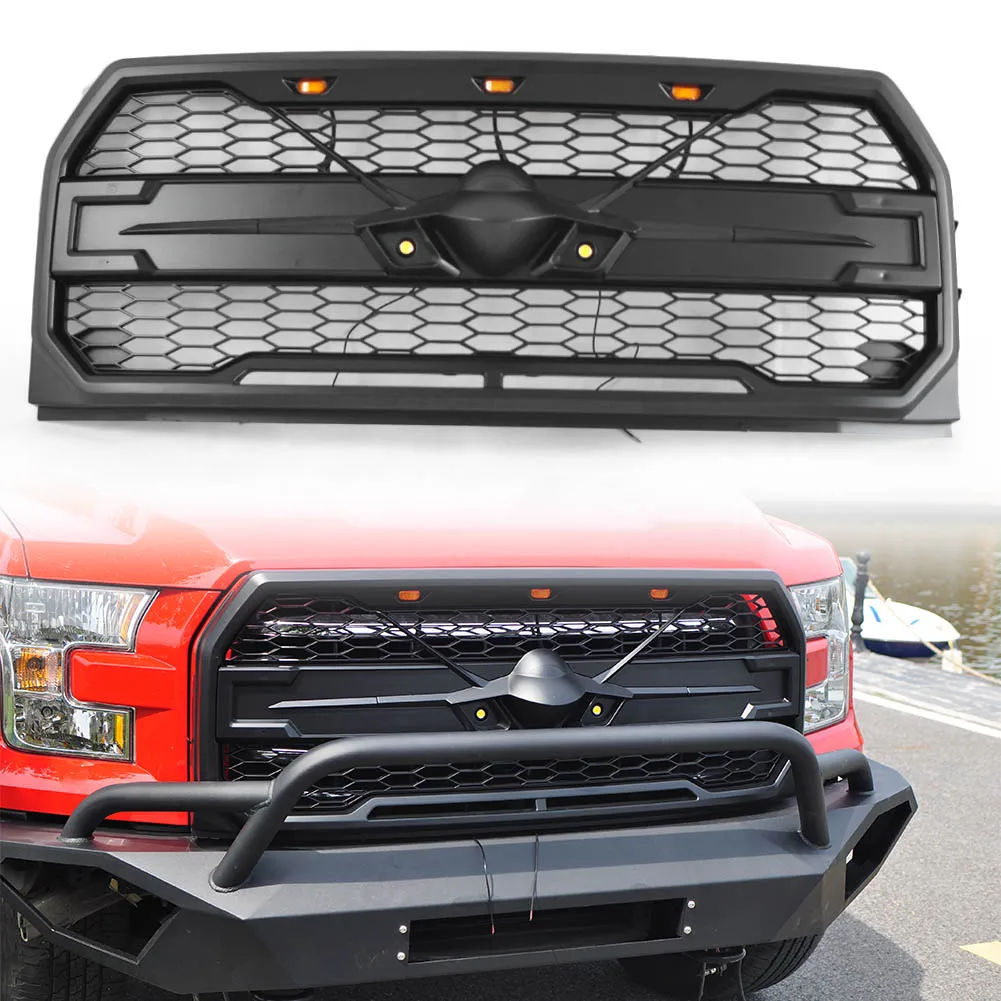  For Ford F150 Car Front Bumper Grille Raptor Style Grill Replacement w/ LED Light F-150 2015 2016 2