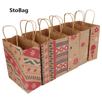 

StoBag 12pcs Snowflake Stripe Kraft Paper Gift Bags Favor Snack Cookie Food Package Tote Bag Handmade Cake Decorating Supplies