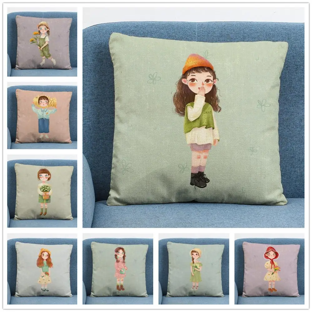 

Painting Painting Small Animals / Little Girl Pillow Covers For Sofa Home Decor Linen Cushion Case Throw Pillow Case 45x45cm