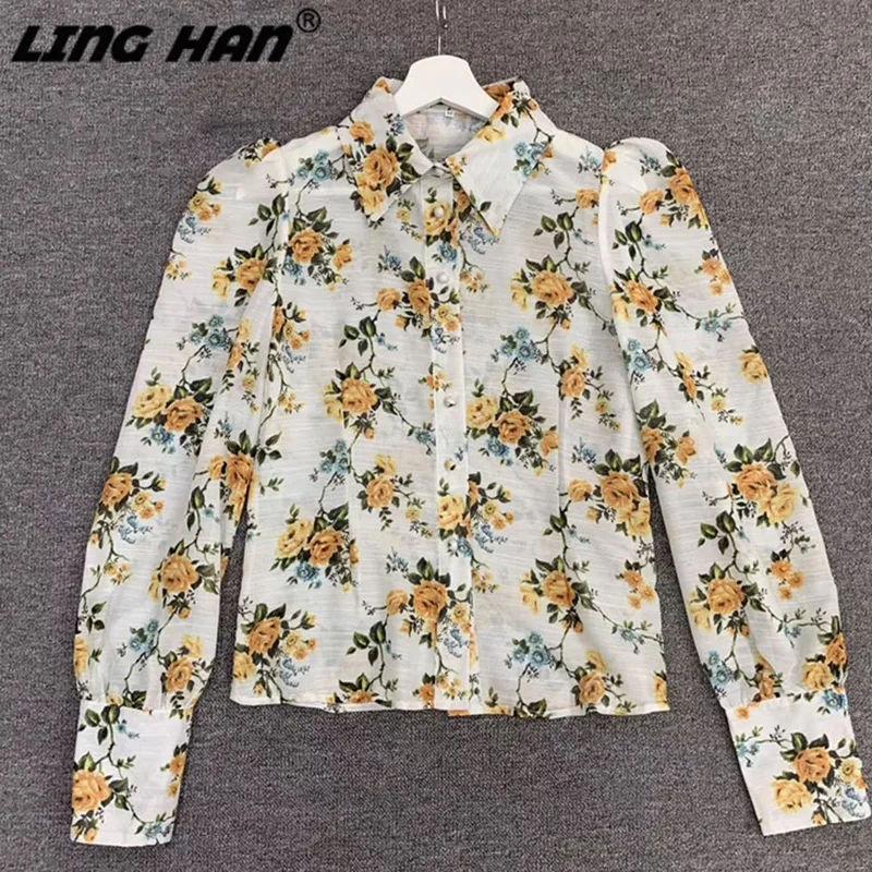 LINGHAN Runway элегантные шифоновые рубашки с рукавами-фонариками для женщин с милым цветочным принтом Тонкая блузка для отдыха Топы Рубашки для женщин - Цвет: Многоцветный