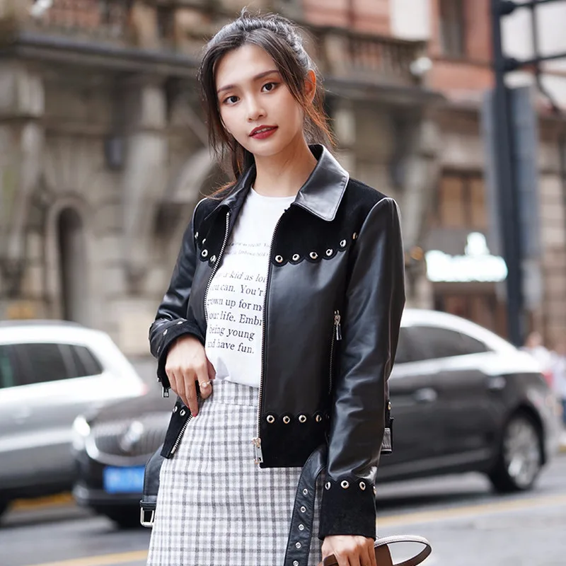 

Genuine Leather Jacket Women Short Real Leather Jacket Spring Autumn Slim Bomber Sheepskin Coat Campera Mujer PY-9-108-1 YY426