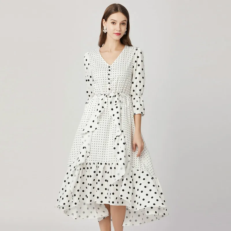 Vintage Polka-Dot Print Summer Dresses Female Elegant Fall Party Irregular Dress Ruffles High Waist A-Line Dress Women Vestidos