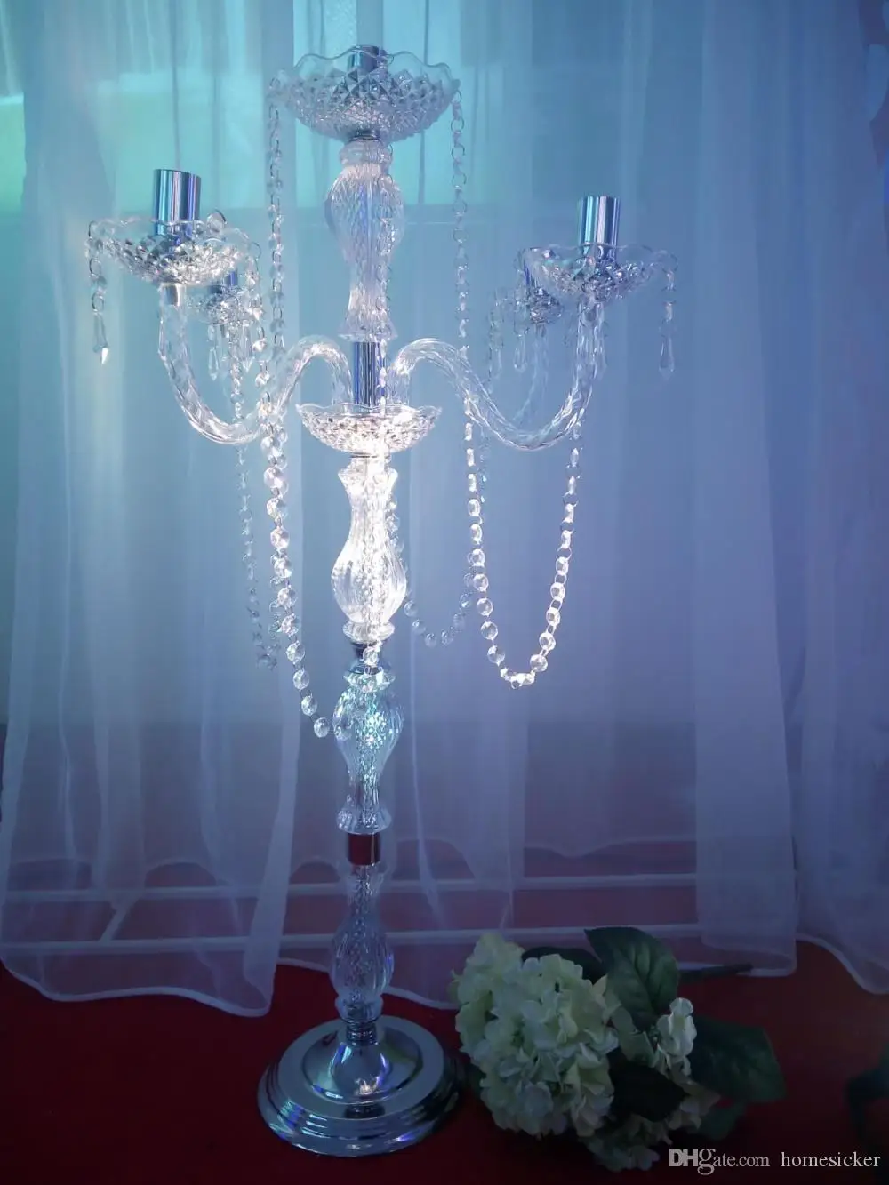 90 cm Height Acrylic 5-arms Metal Candelabras With Crystal Pendants Wedding Candle Holder Centerpiece Party Decor