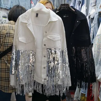 

Women's Denim Coats 2020 Spring New Single-breasted Sequines Tassel Black / White Jeans Jacket Female Loose Denim Jacket Coats