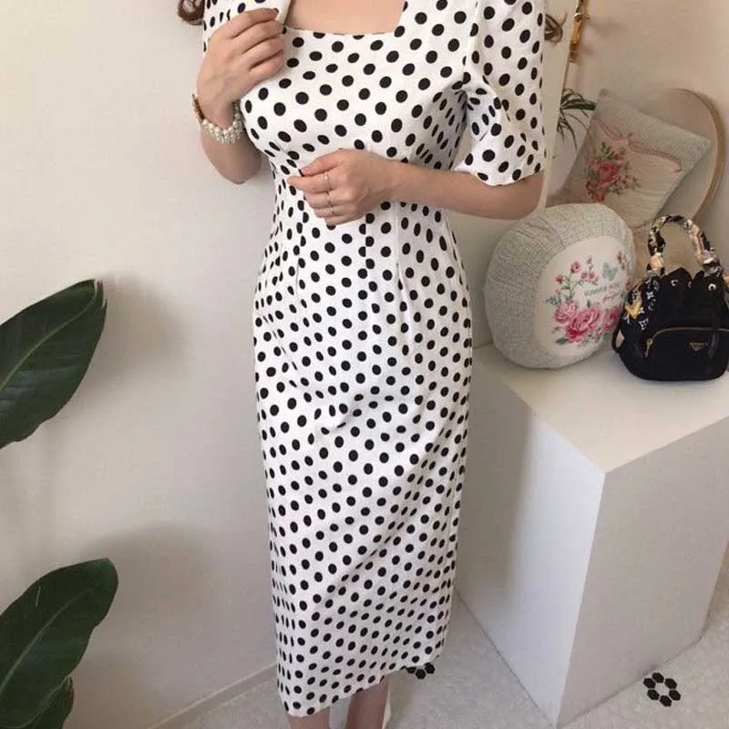 Korean One-Piece Women Polka Dot Dress Summer 2020 New Vintage Square Collar Short Sleeve Dresses Female Casual Office Dress