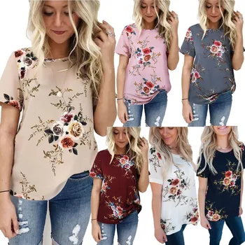 

B 2020 Summer Casual Stylish Women Casual Floral Print Short Sleeve Chiffon Shirts O-Neck Tops Fashion S M L XL XXL XXXL