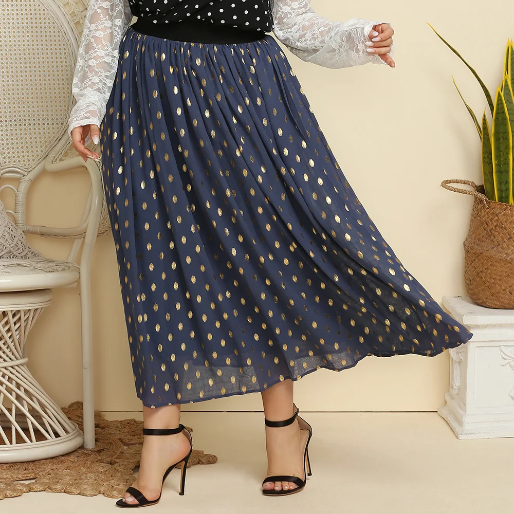 

Plus Size Women Summer Skirts Print Wave Dot Elastic High Waist Waist Chiffon Elegant A-line Plus Size Skirt TJR137