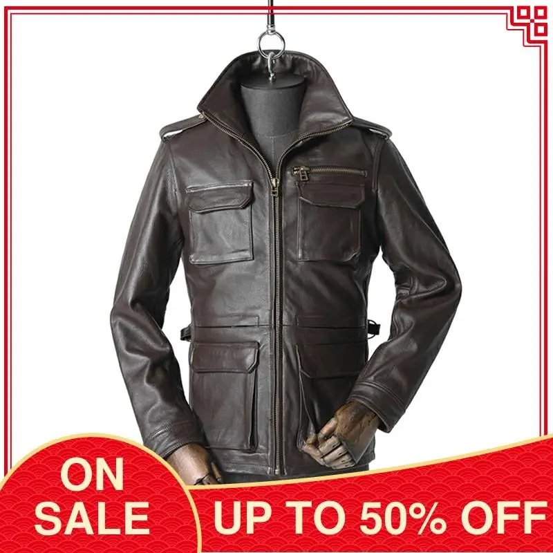 

2020 Brown American Safari Style Genuine Leather Jacket Men Plus Size 5XL Real Natural Cowhide Autumn Slim Fit M65 Coat