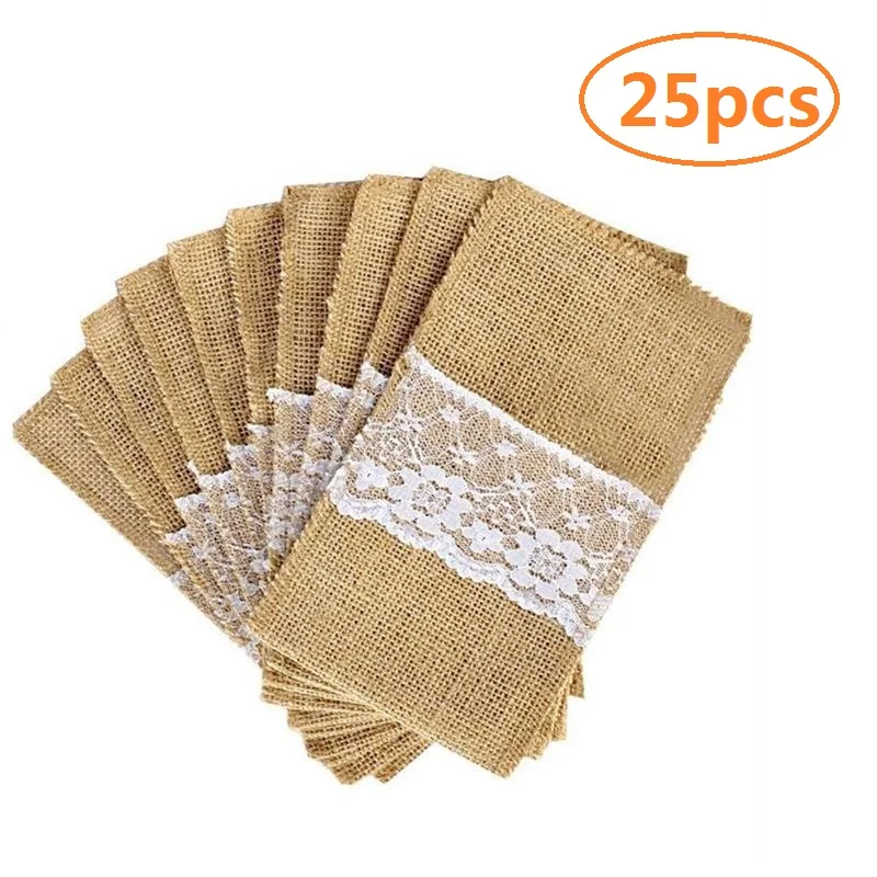 10 Pcs Burlap Jute Lace Cutlery Pockets Tableware Bags for Knives Forks Utensils 