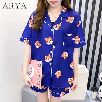 

Women Pajama Set Korea Cartoon Silk Satin Japanese Kawaii Pyjamas Kpop Cotton Autumn Short Sleeve Female Sleepwear